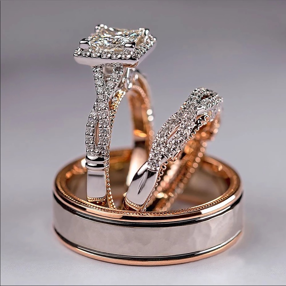 NEW*3pc Set 18K Rose Gold Diamonds Engagement Ring